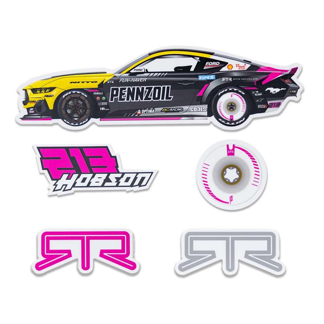 Ben Hobson Sticker Pack featuring a detailed race car sticker, showcasing a black and yellow RTR Mustang with a close-up of the wheel.