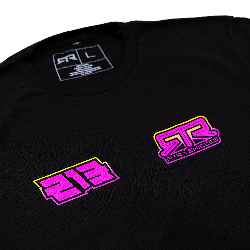 A limited edition black tee featuring Ben Hobson's RTR Drift Team livery and driver monogram, a vibrant mix of pink and yellow logos.