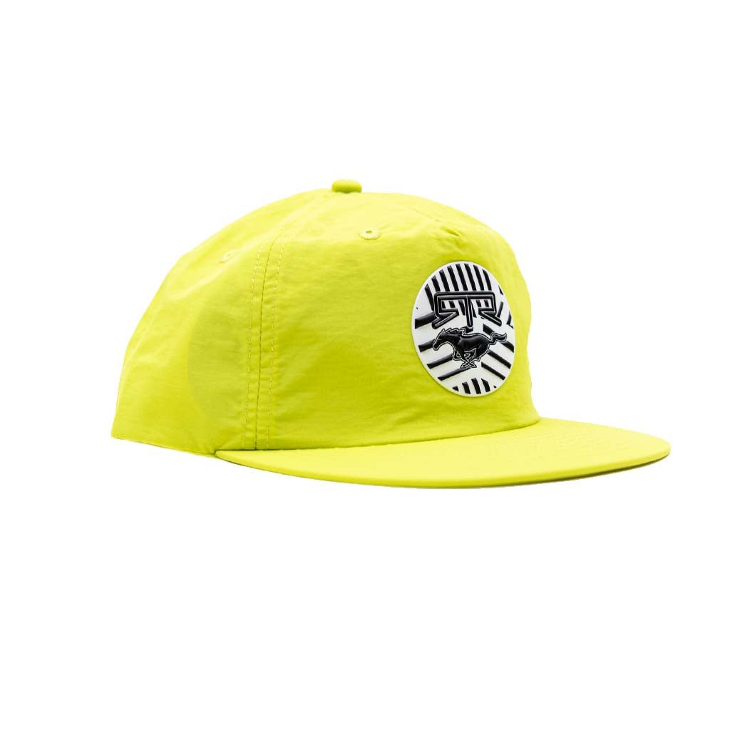 Ford Mustang x RTR Collection 5 Panel Unstructured Snapback Hat featuring a circular patch with radial stripes and a stylized horse logo on the front panel.