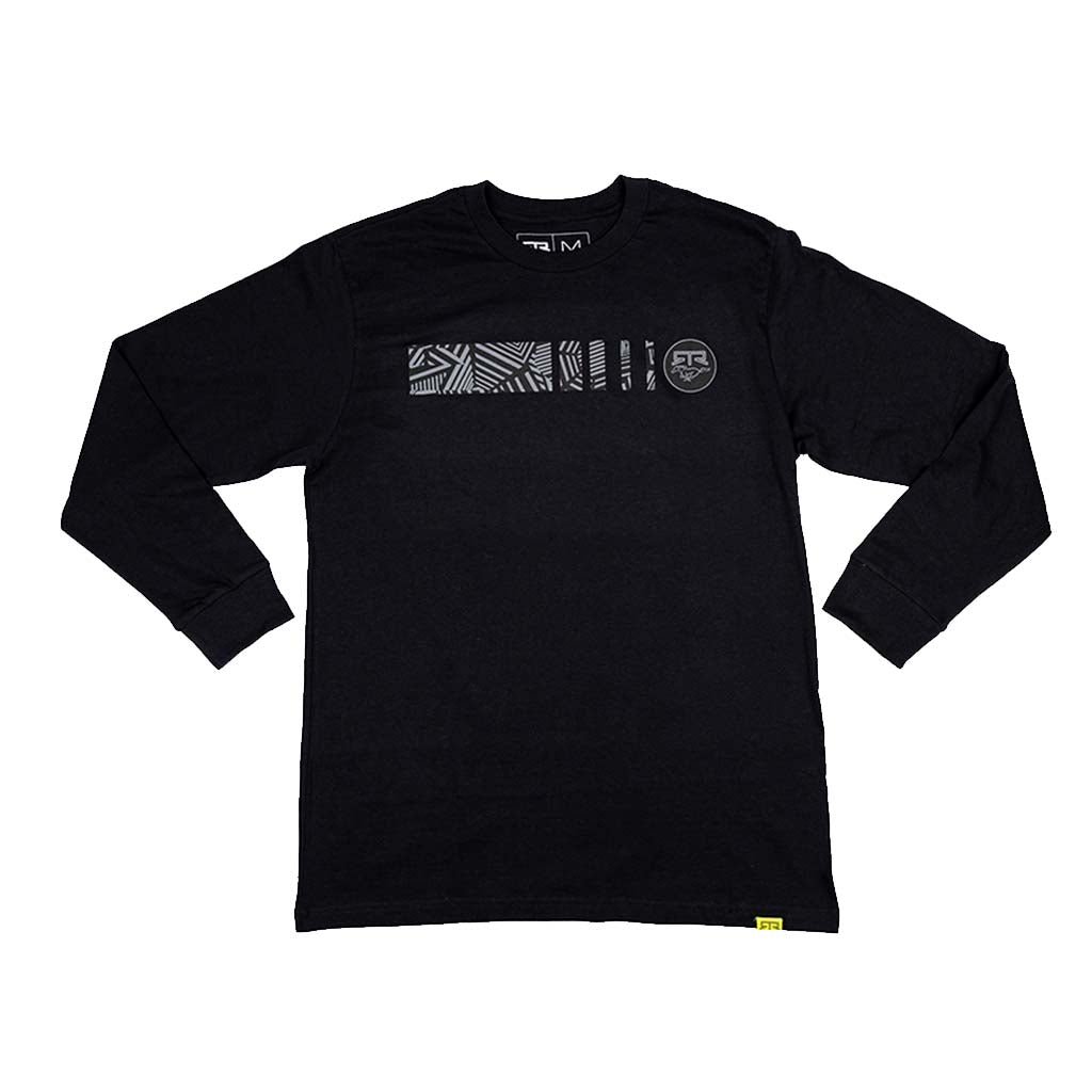 Ford Mustang x RTR Collection Frames Long Sleeve T-Shirt with geometric stripe graphic and emblem, featuring tapered sleeves and woven tag, showcasing modern performance design.