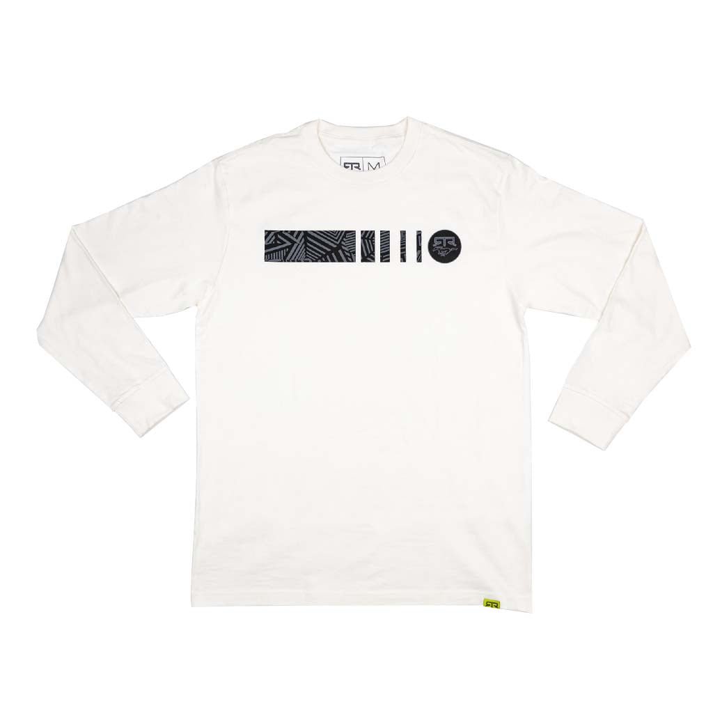Ford Mustang x RTR Collection Frames Long Sleeve T-Shirt featuring a geometric graphic, vertical stripes, and circle emblem, showcasing Mustang and RTR's design collaboration.