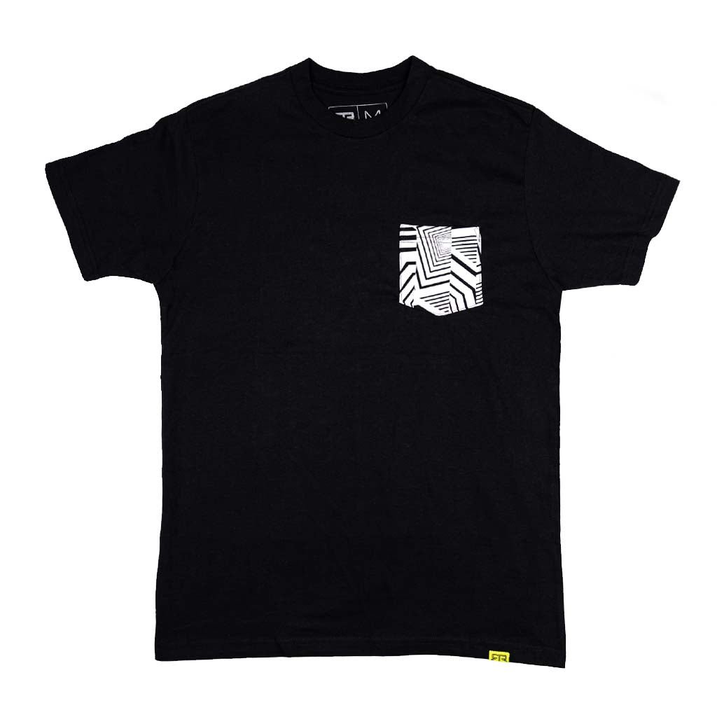 Ford Mustang x RTR Collection Pocket T-Shirt with a geometric maze-patterned pocket, showcasing RTR’s signature design on a black short-sleeve, crew-neck style.