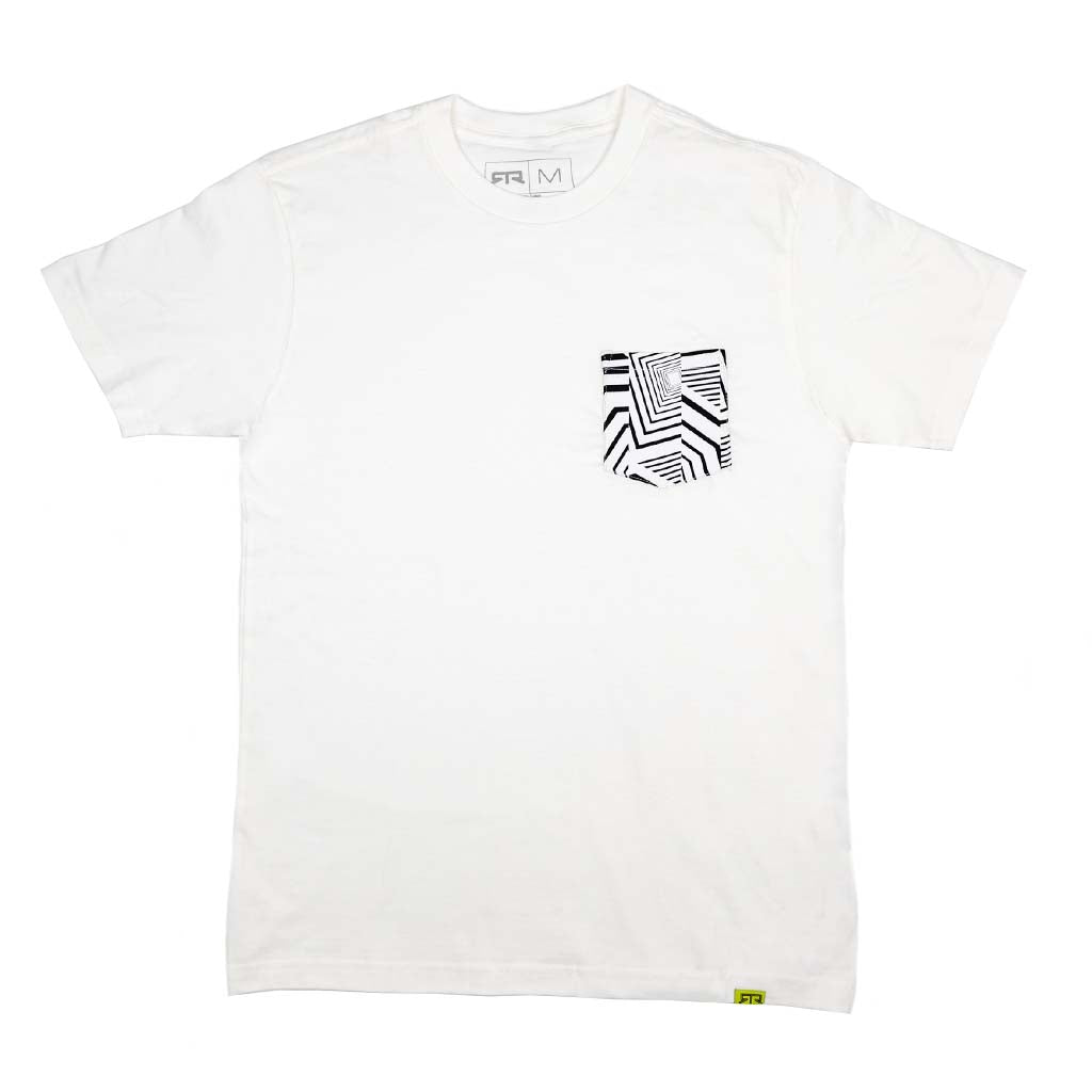 Ford Mustang x RTR Collection Pocket T-Shirt featuring a plain white design with a black-and-white optical illusion pattern pocket, embodying performance and style.