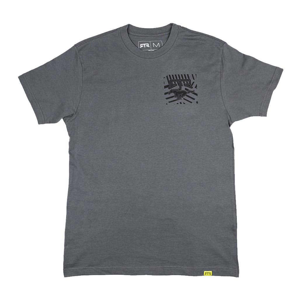 Ford Mustang x RTR Collection Pony T-Shirt, medium-dark gray, short-sleeved with black chest logo, size M tag, and small front hem label.