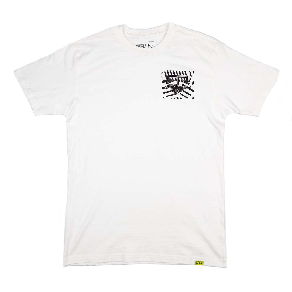 Ford Mustang x RTR Collection Pony T-Shirt with zebra-stripe chest graphic, raptor silhouette, and bright green RTR tag near hem, showcasing minimalist performance style.