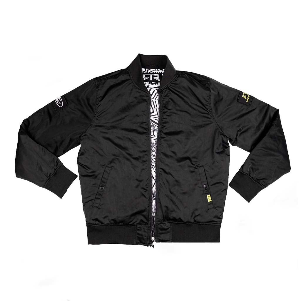 Ford Mustang x RTR Collection Stealth Jacket featuring ribbed cuffs, hem, and collar, with patterned lining, flap pockets, branded patches, and modular Velcro patch system.