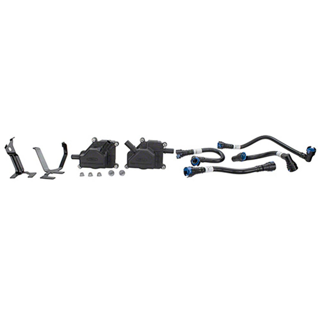 Automotive parts including a black metal component, hoses, and connectors on a white background