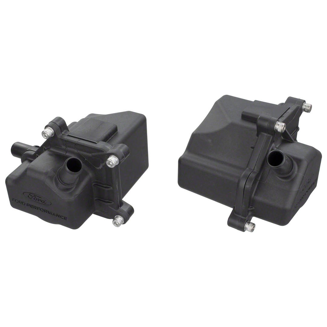 Two black pieces of a air/oil separator kit on a white background