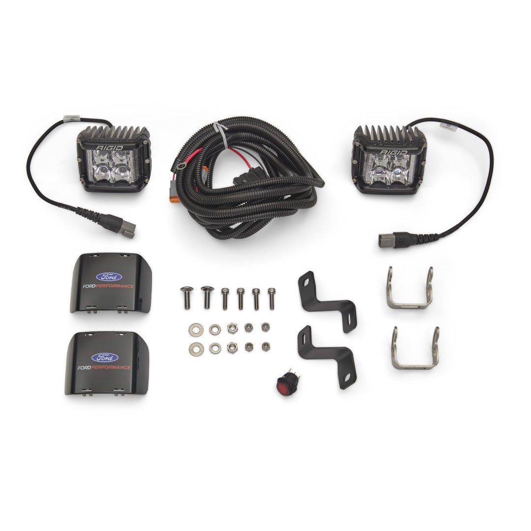 Ford Performance F-Series A-Pillar Off-Road Light Kit includes LED light pods, wiring harness, covers, mounting hardware, brackets, and switch for enhanced off-road visibility.