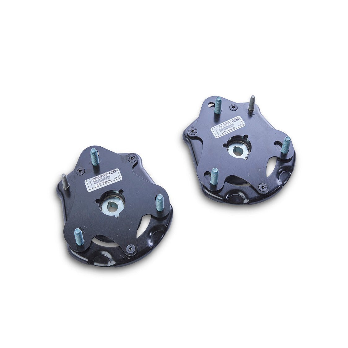 Ford Performance Front Strut Mount with Adjustable Camber for 2015+ Mustang, featuring black triangular plates with studs for precise handling and camber adjustment.