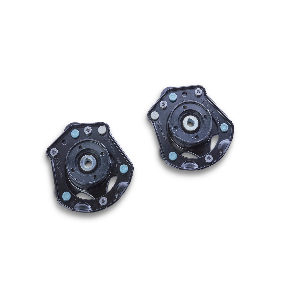 Ford Performance Front Strut Mount with Adjustable Camber for 2015+ Mustang, featuring stamped steel brackets and rubber-isolated bearings, designed for precise handling and camber adjustments.