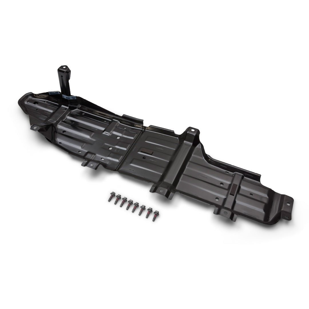Ford Performance Fuel Tank Skid Plate (21+ Bronco) with mounting bolts aligned, designed for underbody protection against rocks and debris, ideal for off-road use.