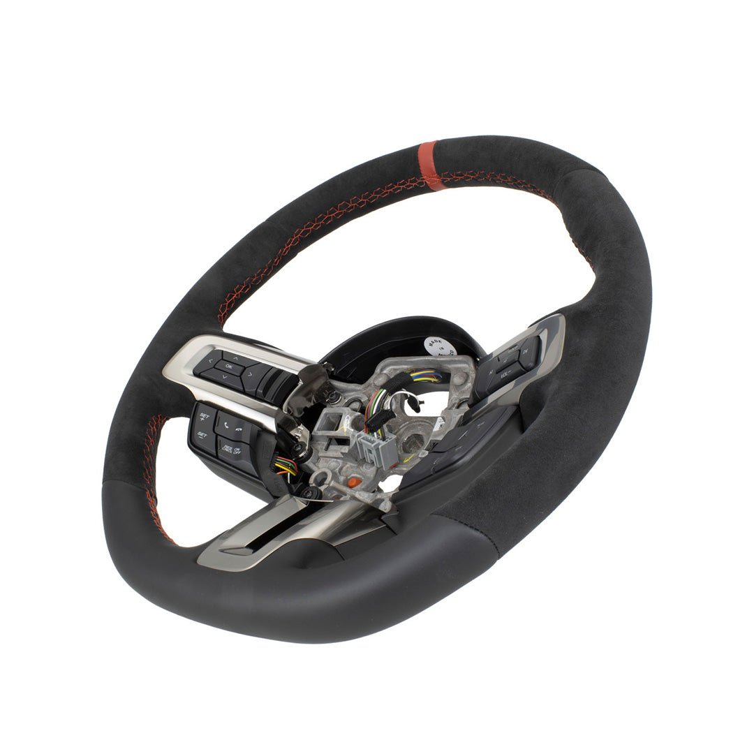 Ford Performance GT350R Steering Wheel for 18-23 Mustangs, featuring integrated control buttons, two-tone leather and suede rim, red stitching, and exposed wiring.