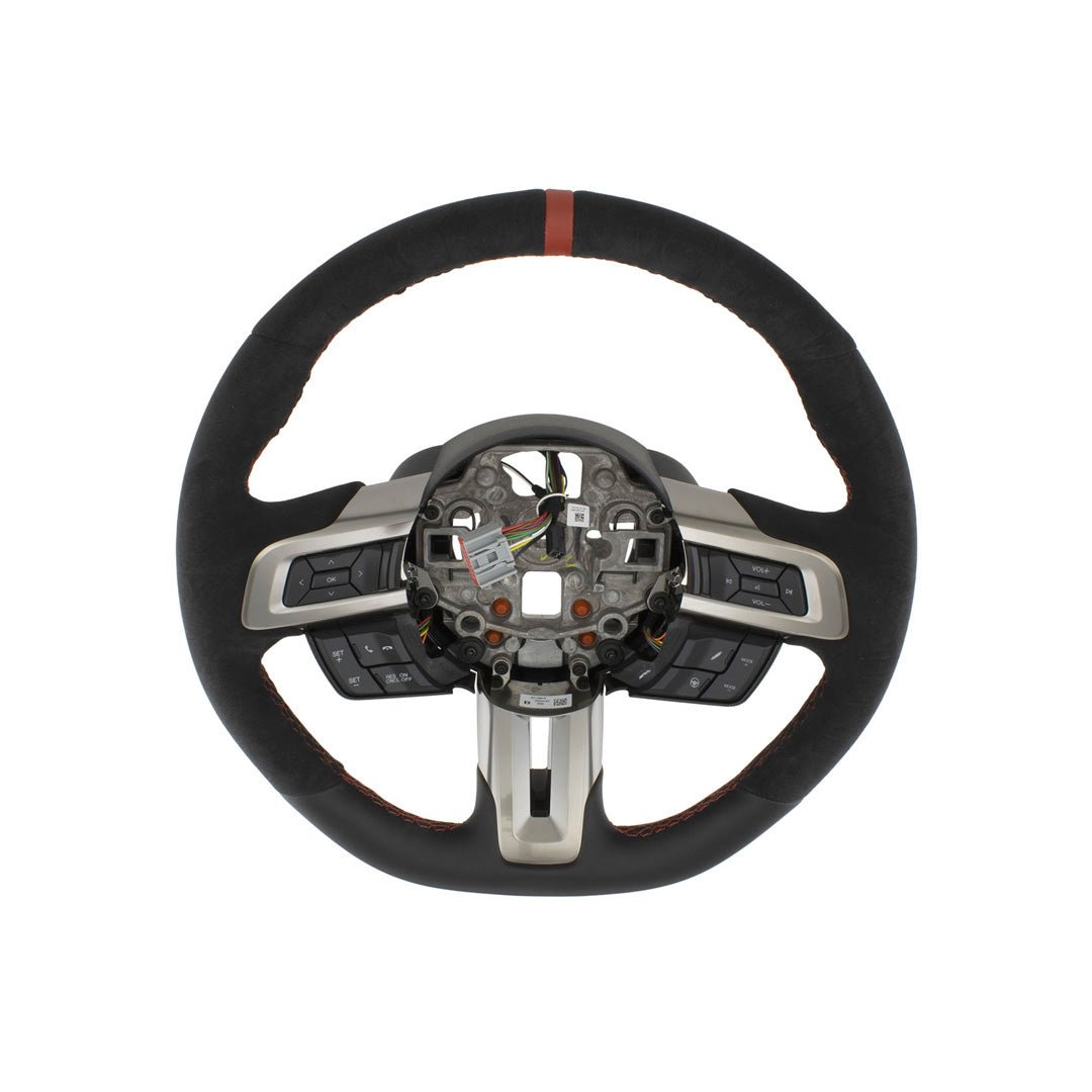 Ford Performance GT350R Steering Wheel for 18-23 Mustang, featuring multi-function controls, suede/leather rim, and red 12 o'clock mark for enhanced grip and performance.