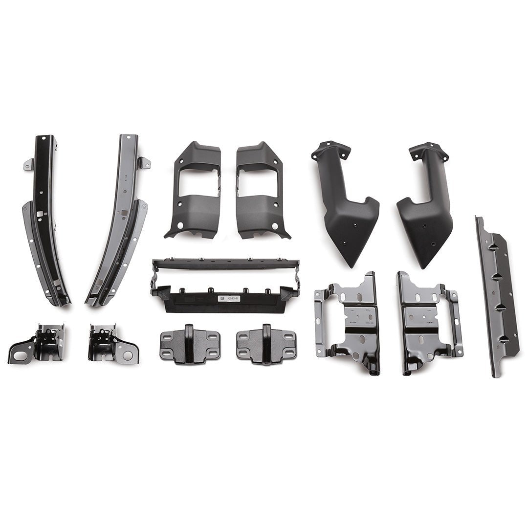 Ford Performance Heavy Duty Modular Front Bumper kit for 2021+ Bronco, featuring black-coated metal brackets and molded plastic pieces, ideal for off-road enhancements.