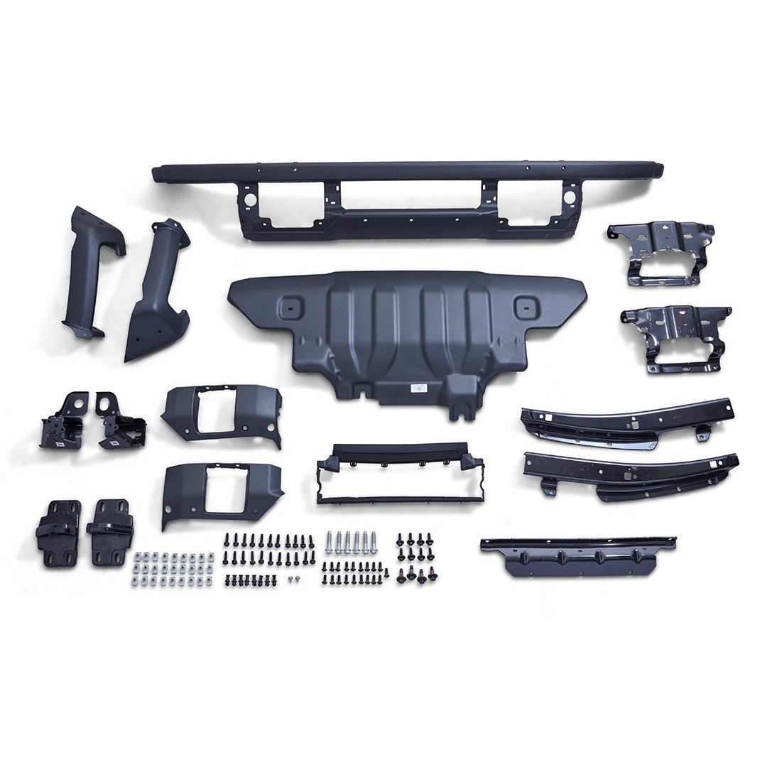 Ford Performance Heavy Duty Modular Front Bumper kit for 21+ Bronco, featuring support beams, central shield, side brackets, and complete mounting hardware for installation.