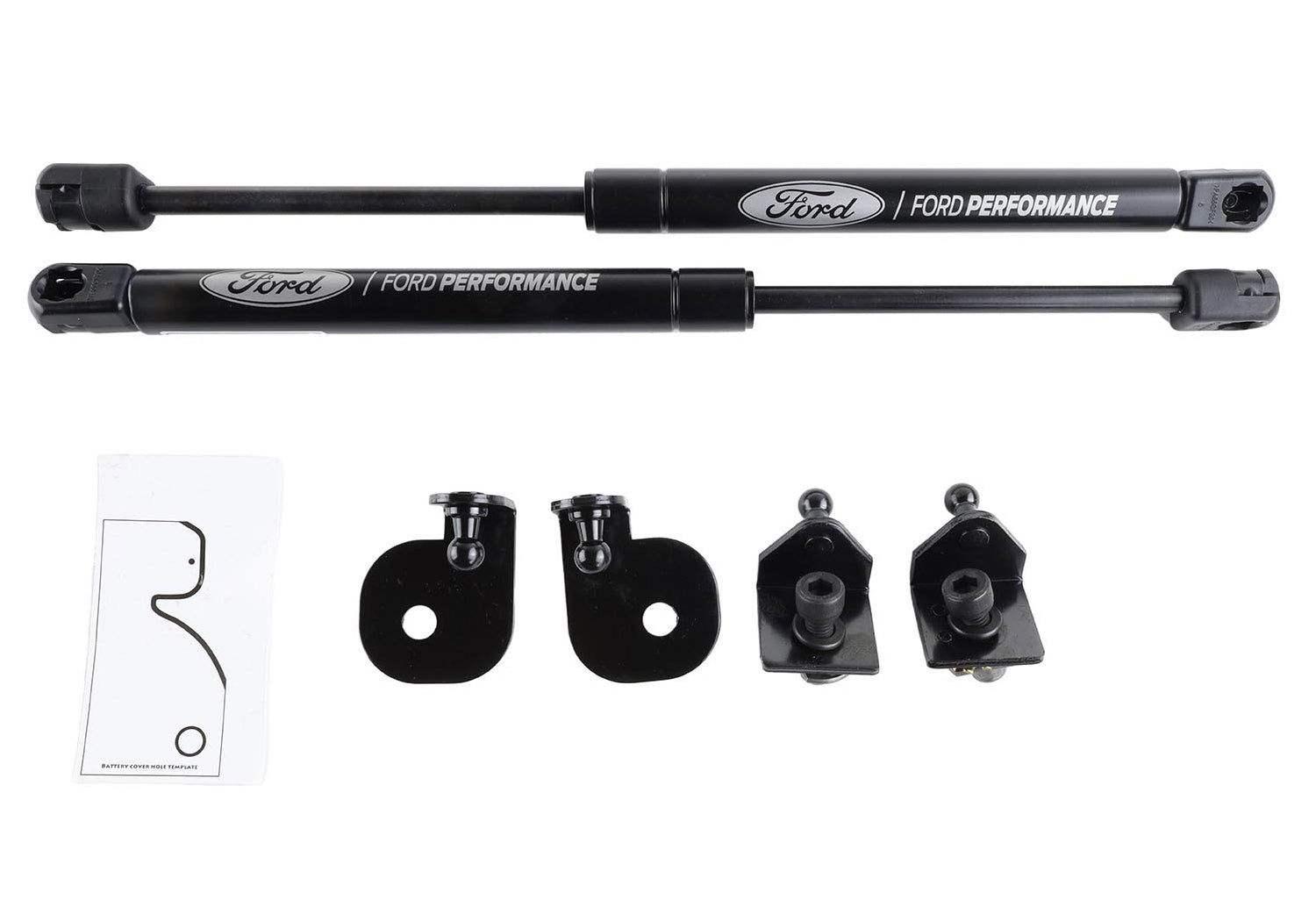 Ford Performance Hood Lift Kit (15-23 Mustang) with two gas struts, four mounting brackets, and a hood bracket hole template for easy installation.