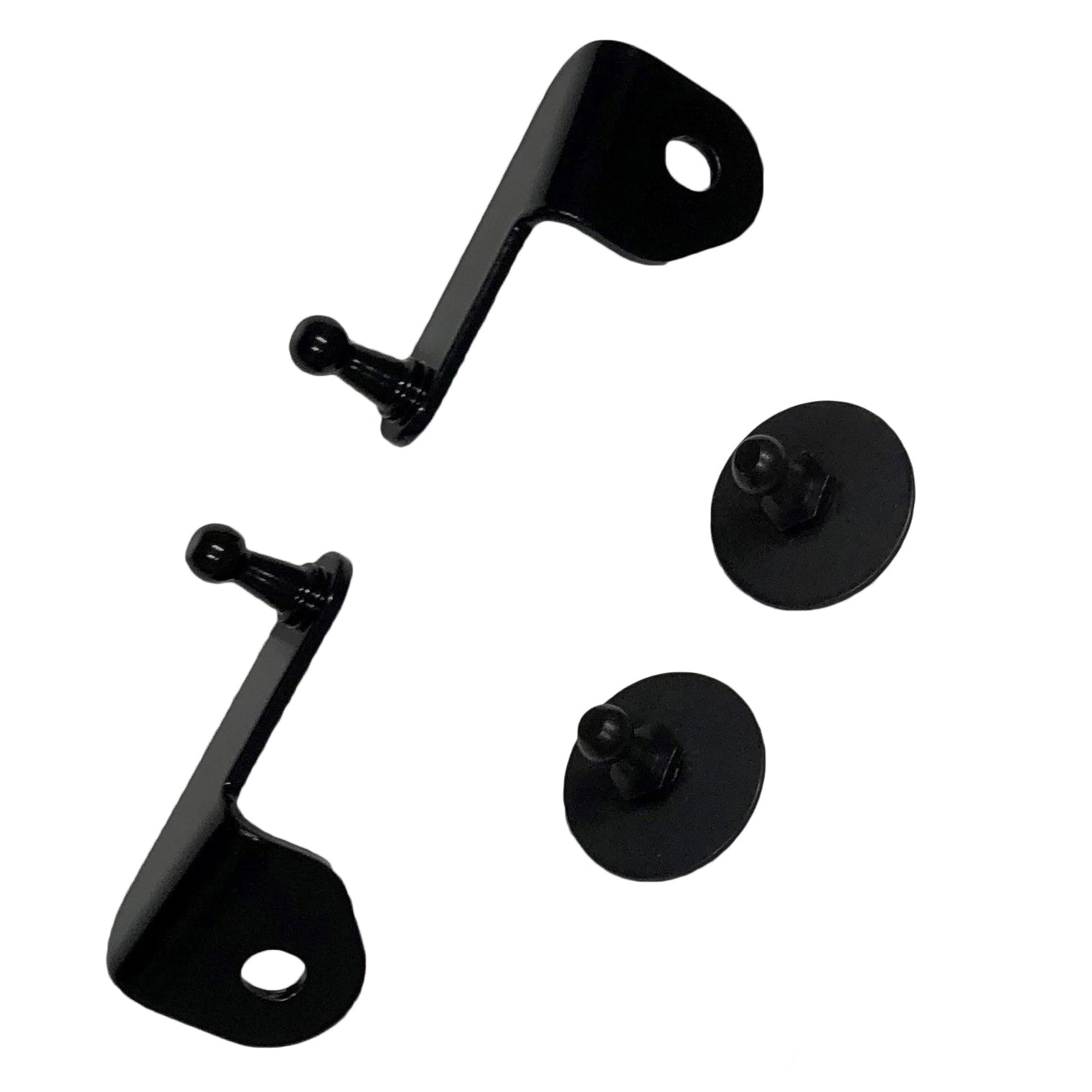 Ford Performance Hood Lift Kit (21+ Bronco) featuring two L-shaped brackets and two round discs with ball-studs for quick-release hood attachment.