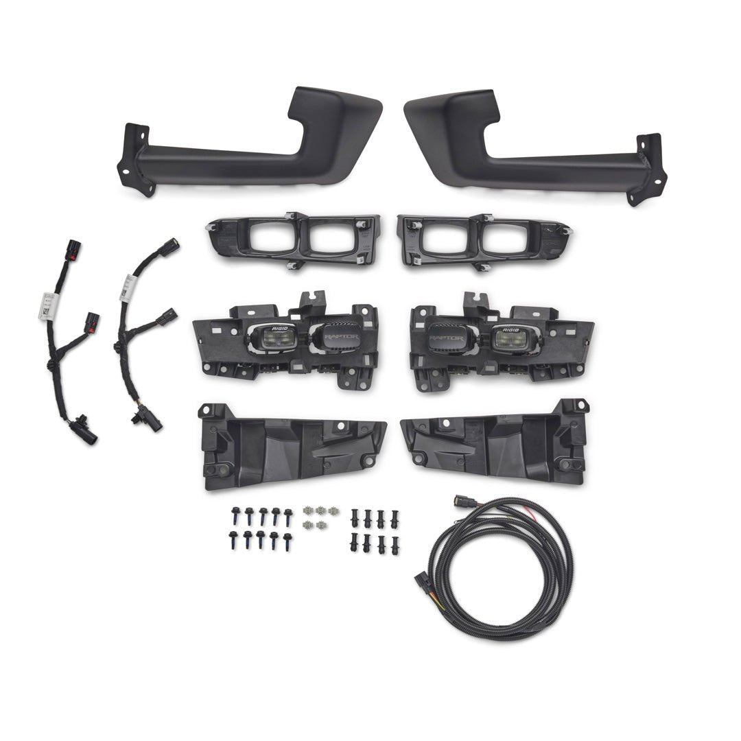 Ford Performance Modular Bumper Auxiliary Lighting Kit for 21+ Bronco, featuring LED light pods, bezels, mounting brackets, wiring harnesses, and installation hardware for enhanced visibility.