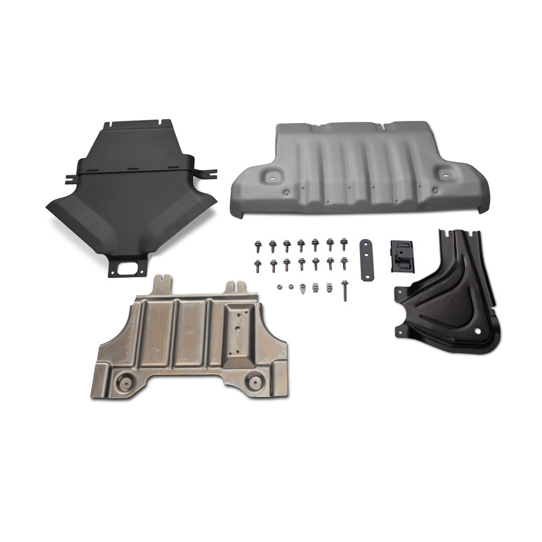 Ford Performance Skid Plate Kit (21+ Bronco) showing metal and plastic splash guards with mounting hardware for comprehensive underbody protection on rugged terrain.