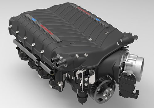 Ford Performance Supercharger Kit for 2024 Mustang GT and Dark Horse, showcasing a black supercharger with Ford Performance logo, including a close-up of a black pulley.