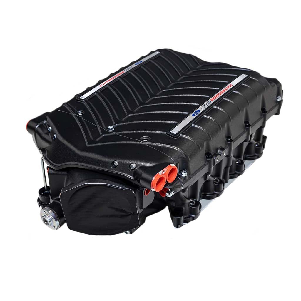 Ford Performance Supercharger Kit for 2024 Mustang GT, Dark Horse; features black supercharger with red accents, enhancing power and performance with advanced airflow technology.