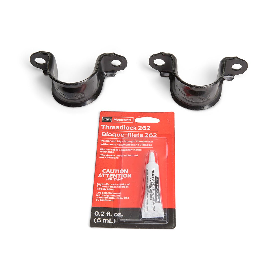 Ford Performance Track Sway Bar Kit (15+ Mustang) includes a pack of Motorcraft Threadlock 262 and two U-shaped metal clamps, enhancing handling and stability.