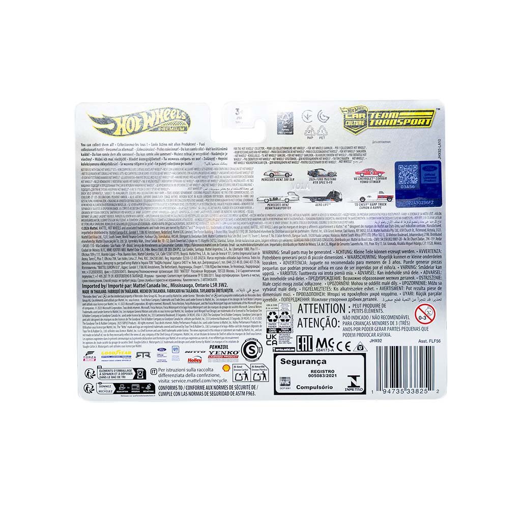 Limited Edition 1/64th scale James Deane 2024 Ford Mustang RTR Spec 5 - FD Hot Wheels with transporter diecast back of package view.