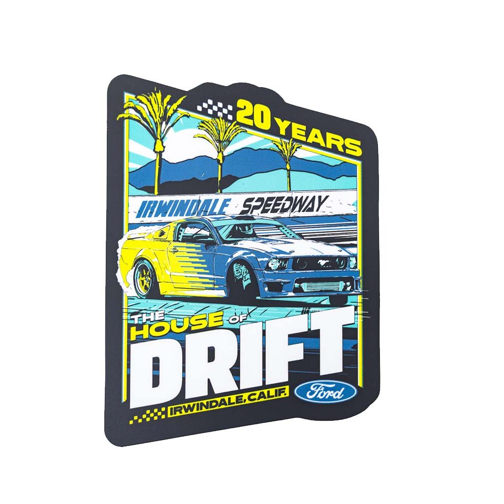 House of Drift die-cut sticker with design inspired by Irwindale Speedway and Vaughn Gittin Jr.’s Mustang RTR, printed on durable vinyl.