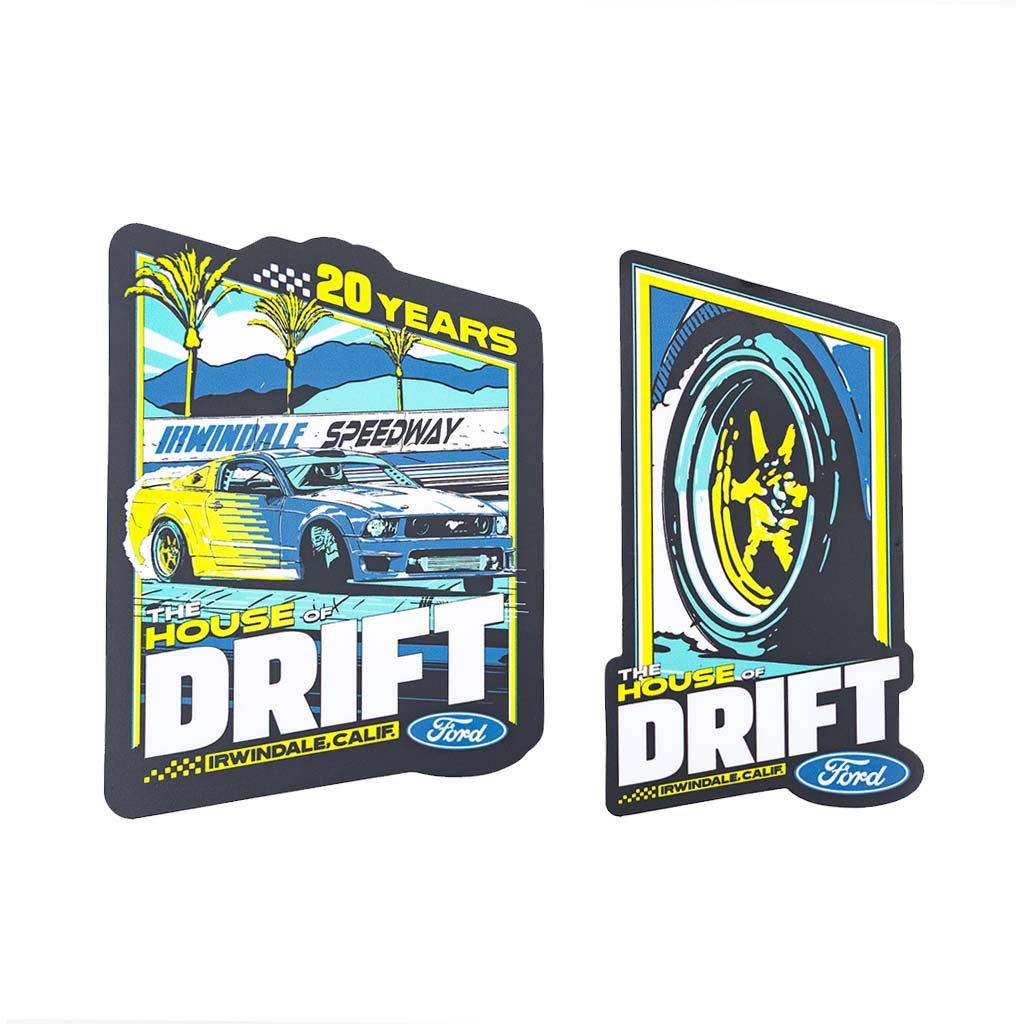 House of Drift Sticker Pack featuring two die-cut designs inspired by Irwindale Speedway and Vaughn Gittin Jr.'s Mustang RTR, printed on durable vinyl.