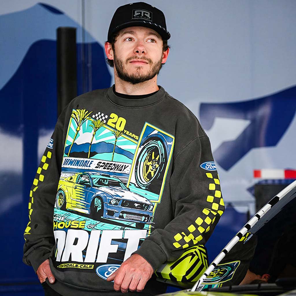 House of Drift Sweatshirt featuring Vaughn Gittin Jr.'s Mustang RTR, bold chest graphics, and checkered sleeve detailing, crafted from premium fleece with heavyweight ribbing.