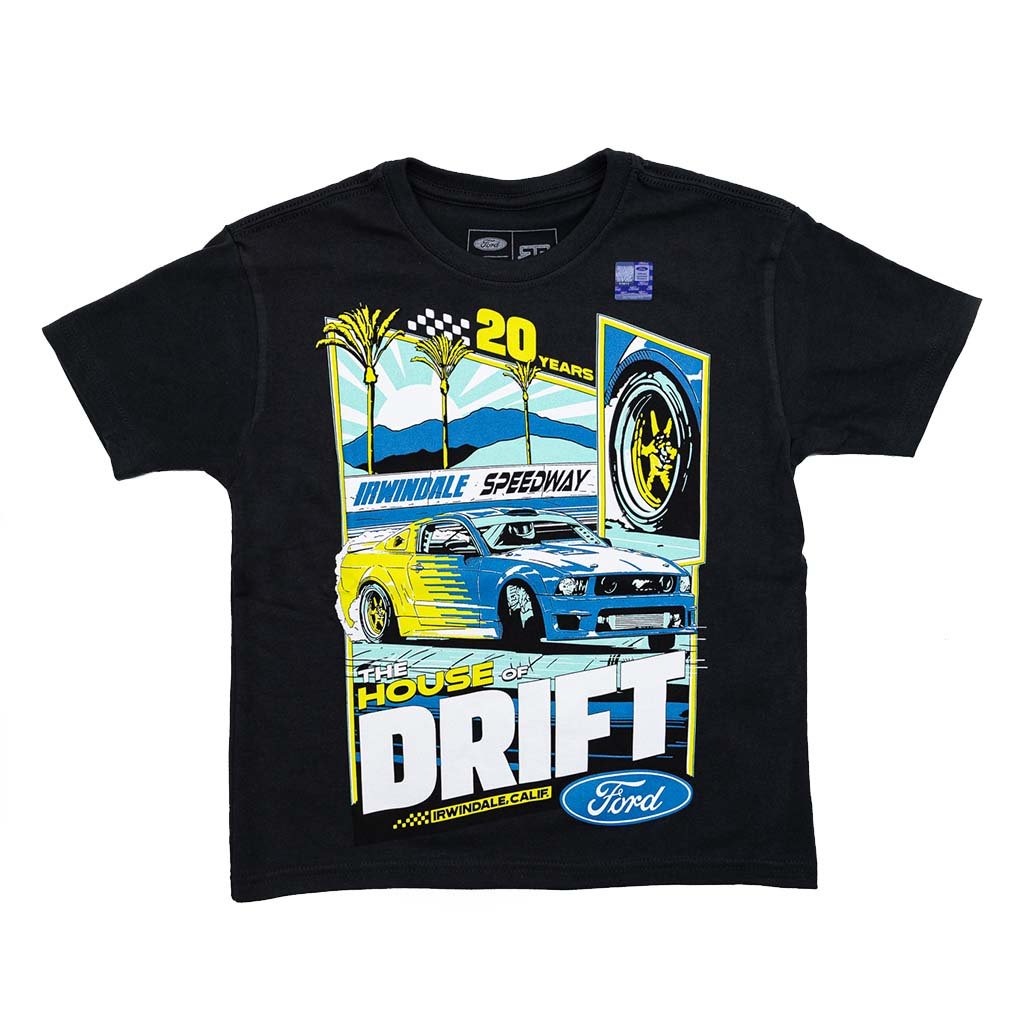 Black t-shirt with Mustang graphic and Ford logo on a white background