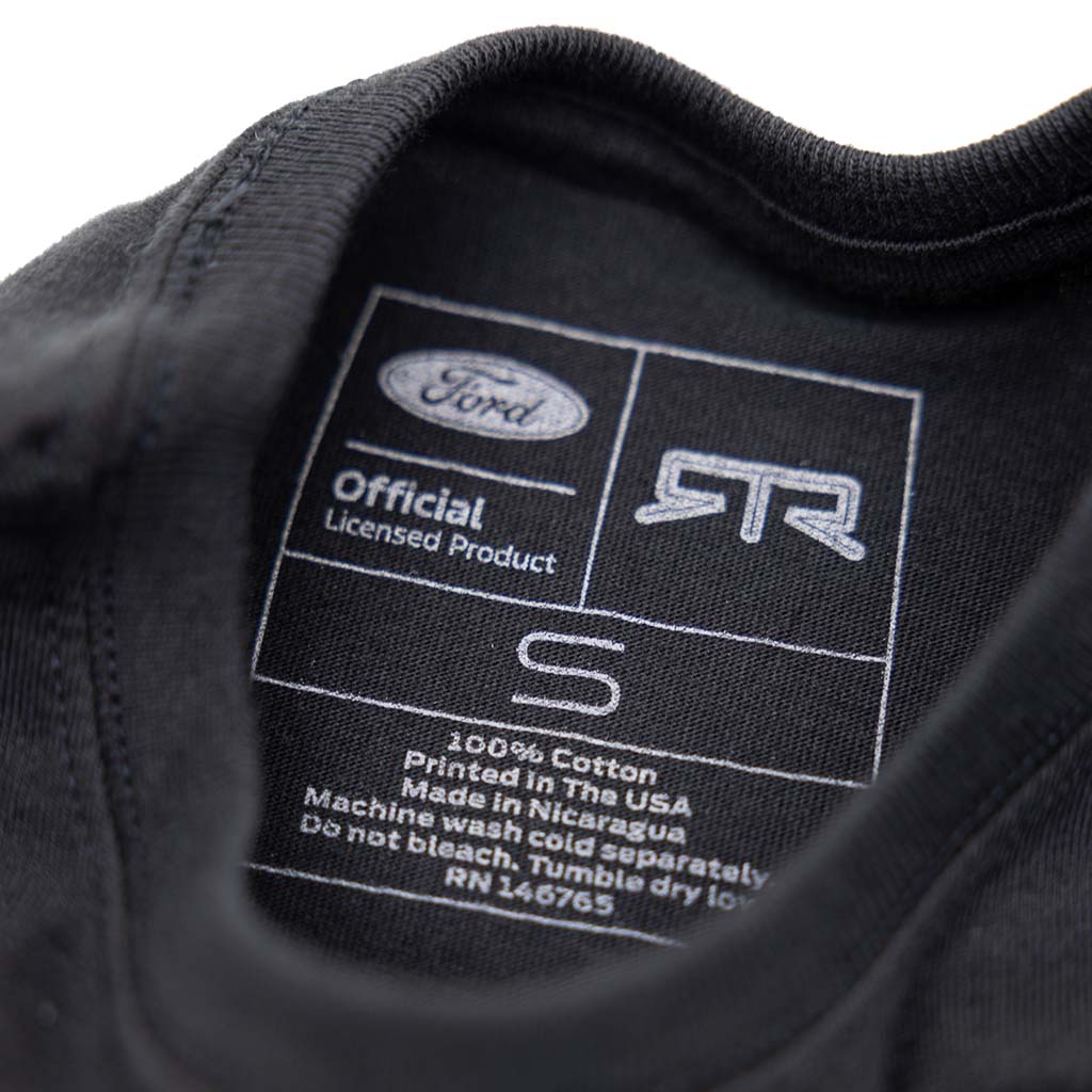 Close-up of a black t-shirt label with Ford and RTR branding.