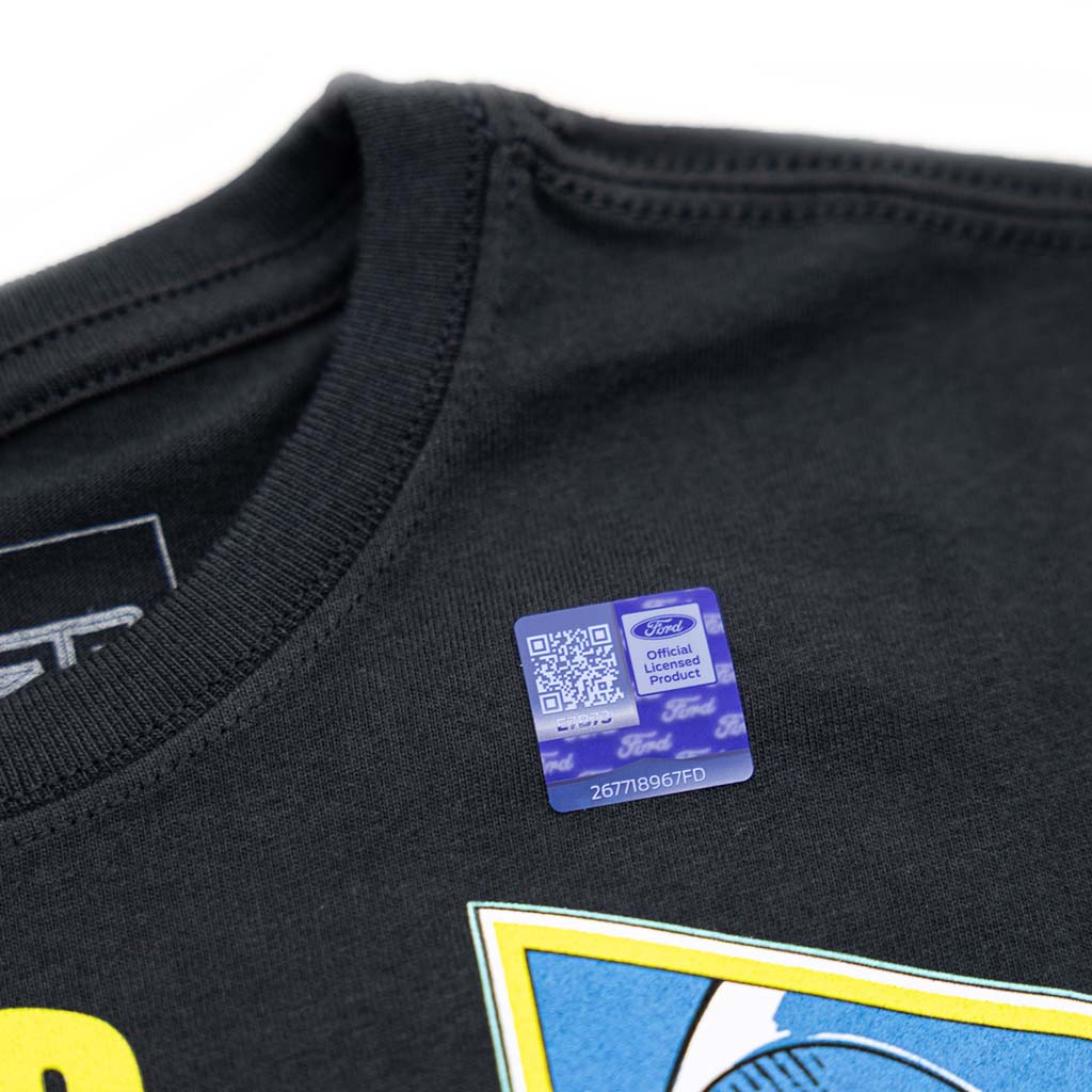 Black shirt with a Ford product tag featuring a QR code on a white background