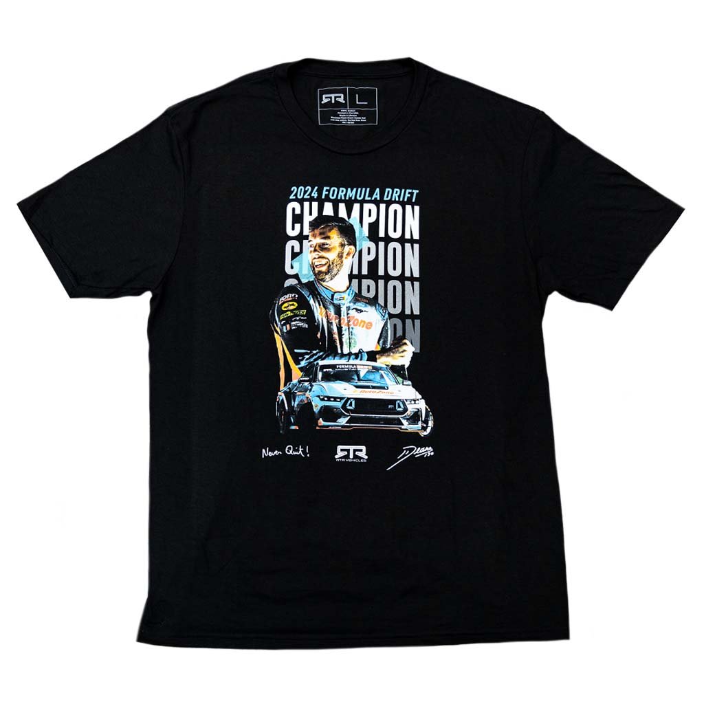 James Deane 2024 Formula Drift Champion Tee featuring an image of James Deane with his Mustang, RTR logo, and Never Quit text.