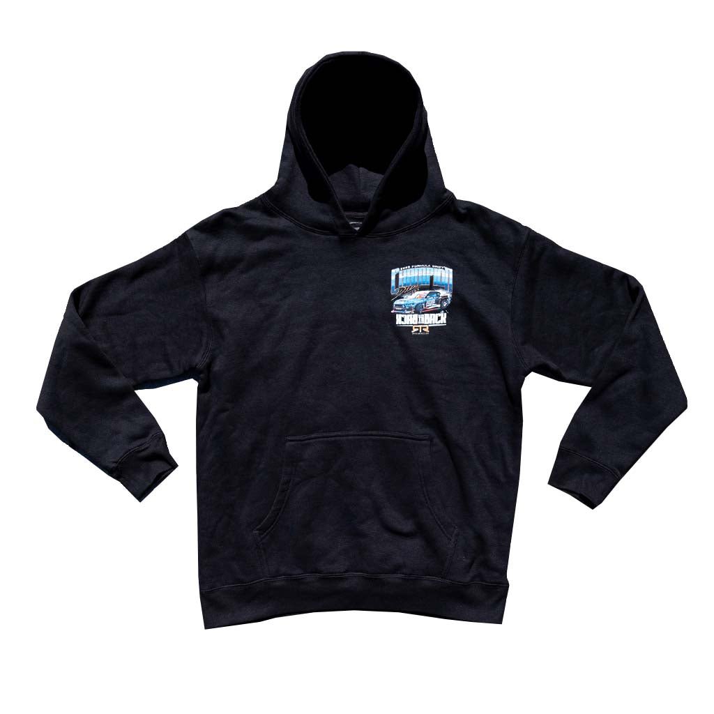 James Deane 2025 Championship Hoodie with a racing car graphic on the chest, featuring a front kangaroo pocket, celebrating Formula Drift legacy.