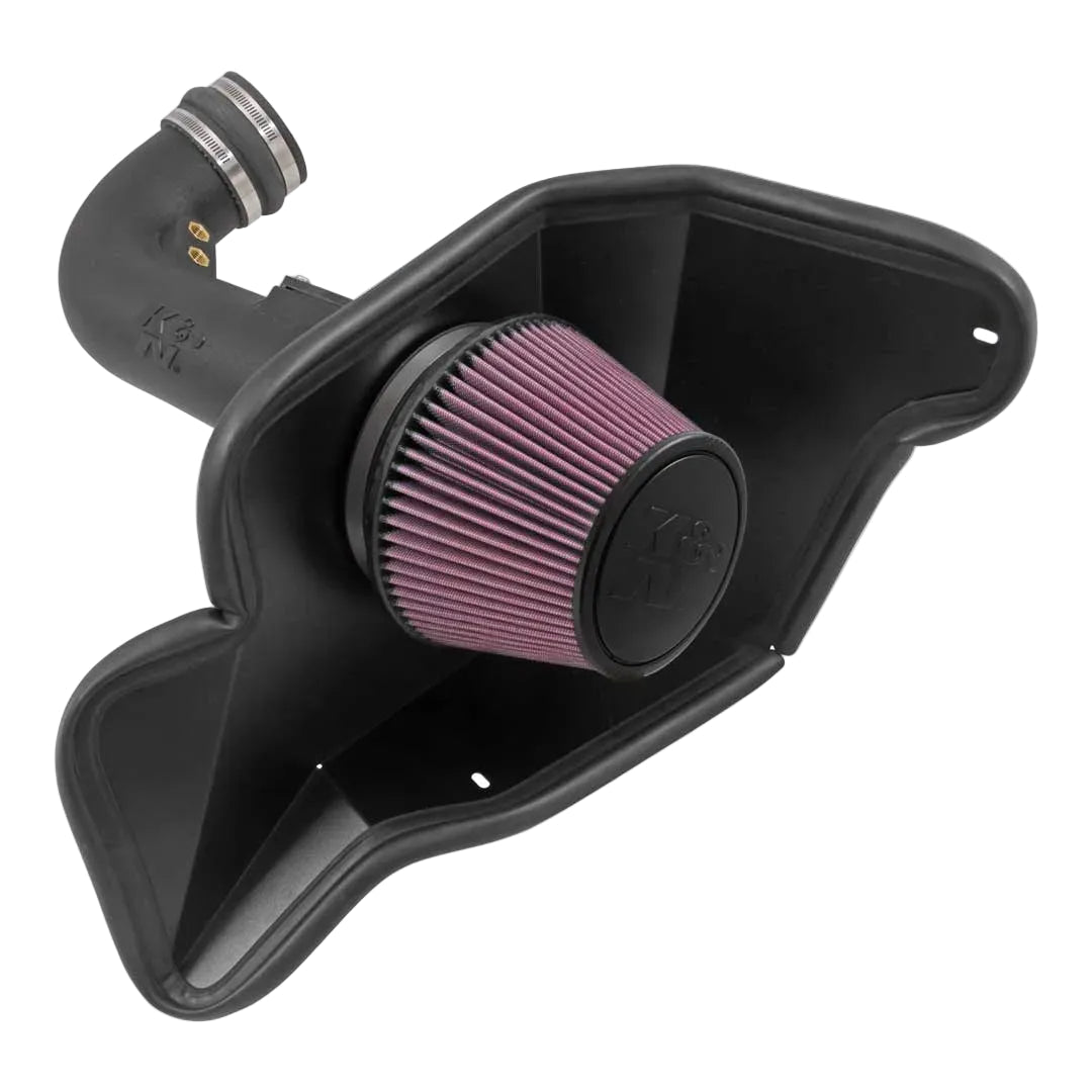 Black K&N Mustang air filter housing with a red filter on a white background