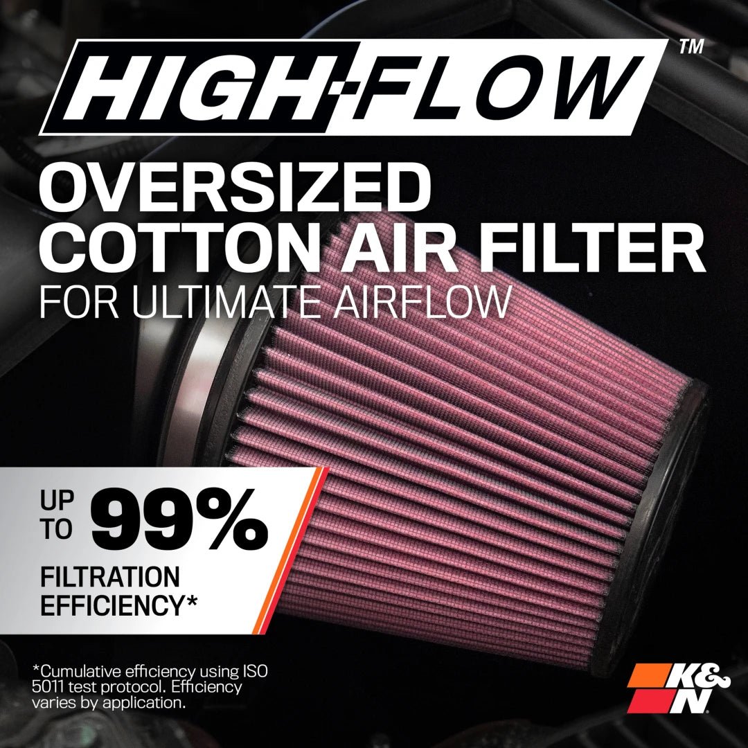 High-flow oversized cotton air filter with K&N logo on a black background