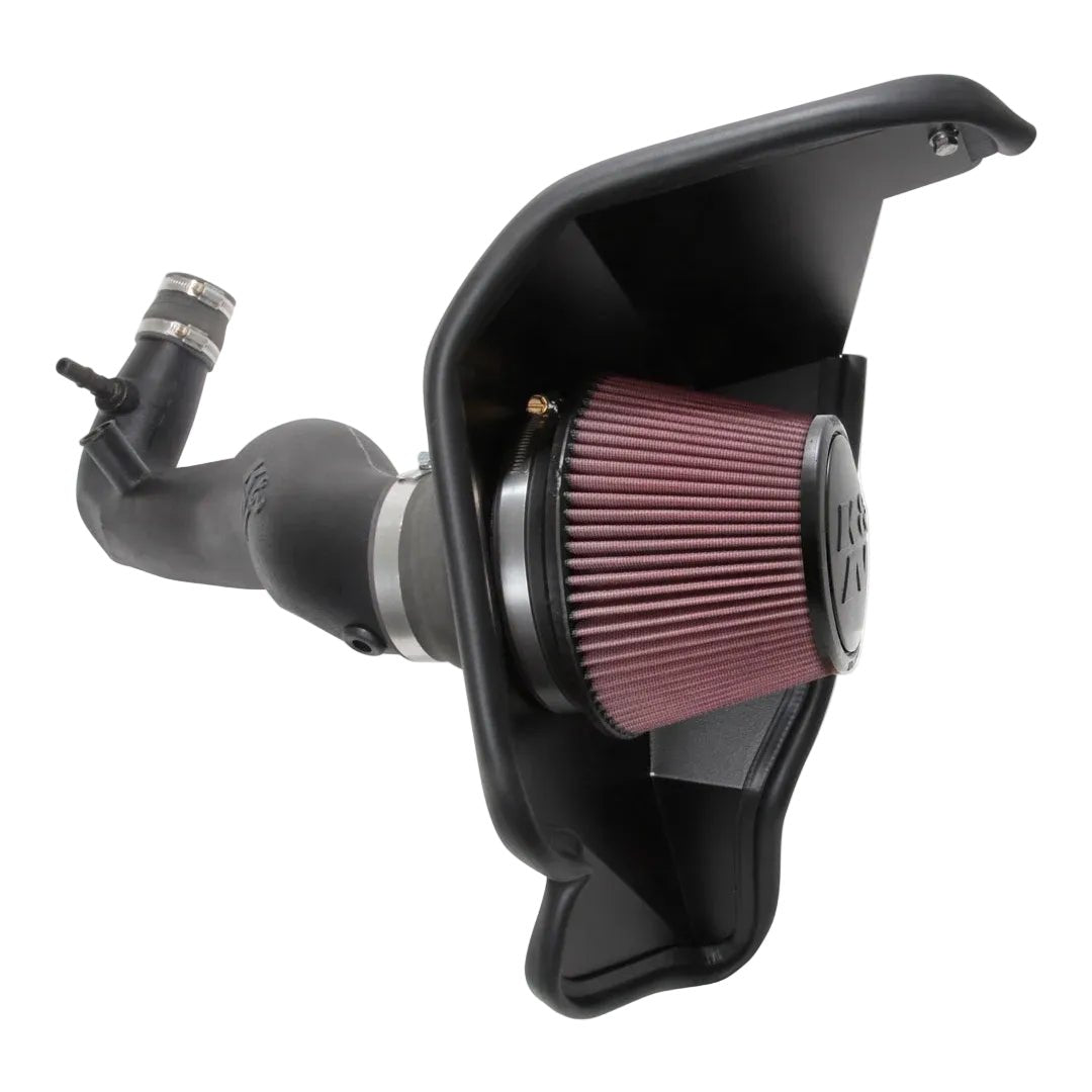 K&N S550 Mustang EcoBoost intake system with a red filter on a white background