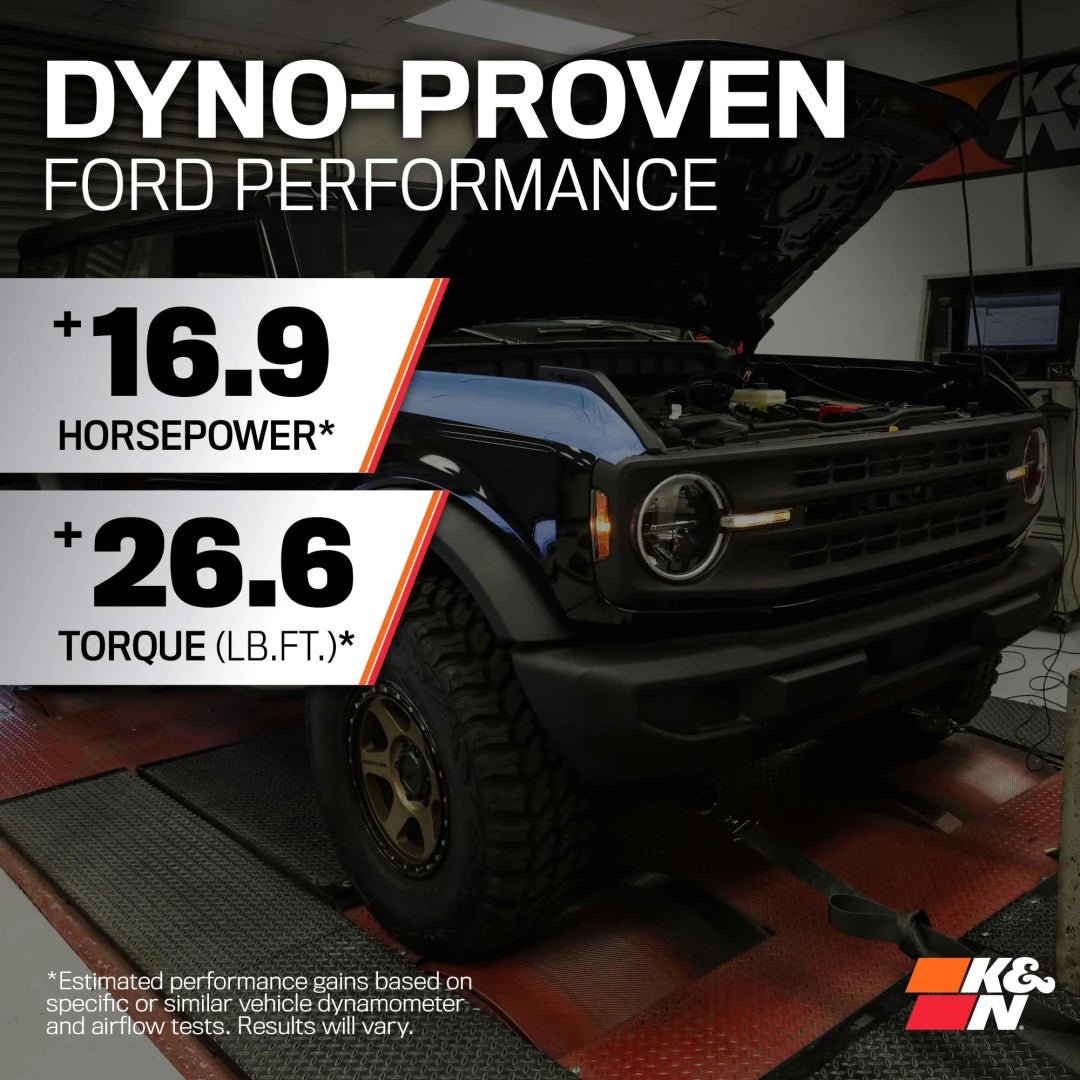 Black Ford vehicle on a dyno with performance gains displayed, K&N logo visible