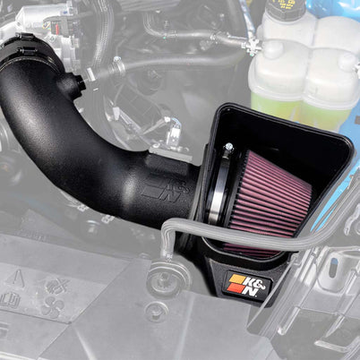 K&N Cold Air Intake System for 2024+ Mustang, featuring a black intake tube and conical air filter, enhancing engine performance and airflow.