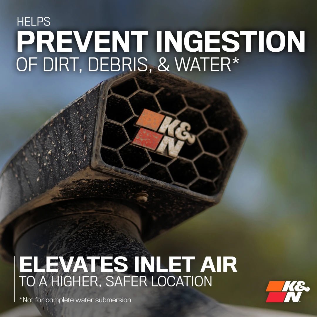 K&N air filter with text about preventing ingestion of dirt, debris, and water