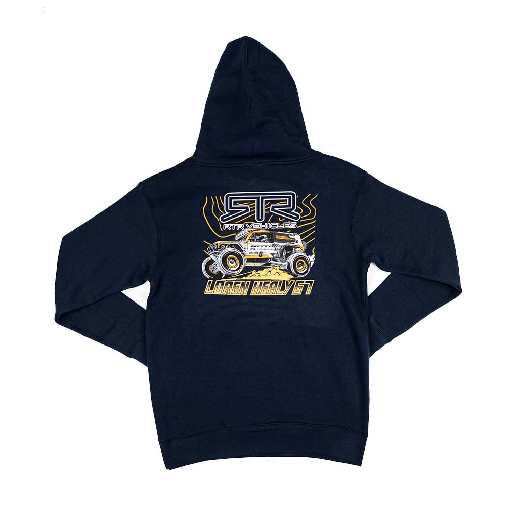 Navy-blue hoodie featuring a bold graphic of an off-road vehicle on the back, with RTR Vehicles and Loren Healy 67 text.