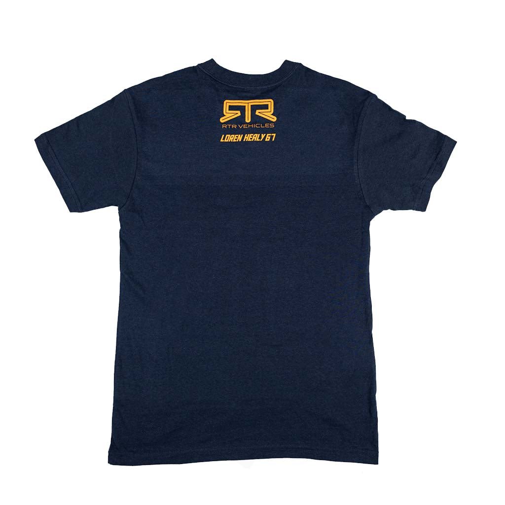 Navy blue t-shirt with orange logo and Loren Healy's name on a white background