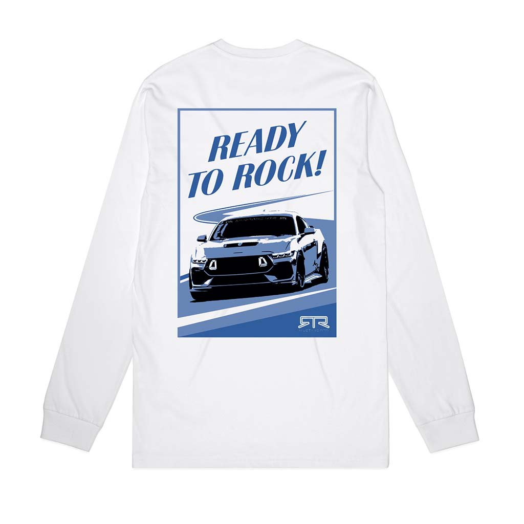 Mustang RTR Long Sleeve Tee featuring a Mustang graphic and Ready to Rock! mantra, ideal for RTR enthusiasts seeking style and comfort.
