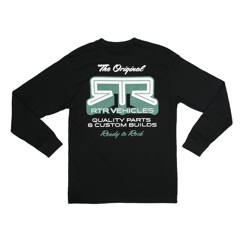 RTR Vehicles Back Roads long sleeve t-shirt in black, with green and white RTR Back Roads logo.