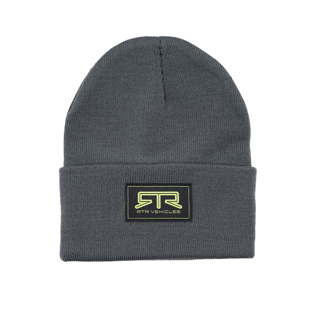 Grey RTR Beanie featuring a prominent Hyper Lime RTR logo, offering a snug fit. Perfect for style and comfort, embodying the RTR lifestyle.
