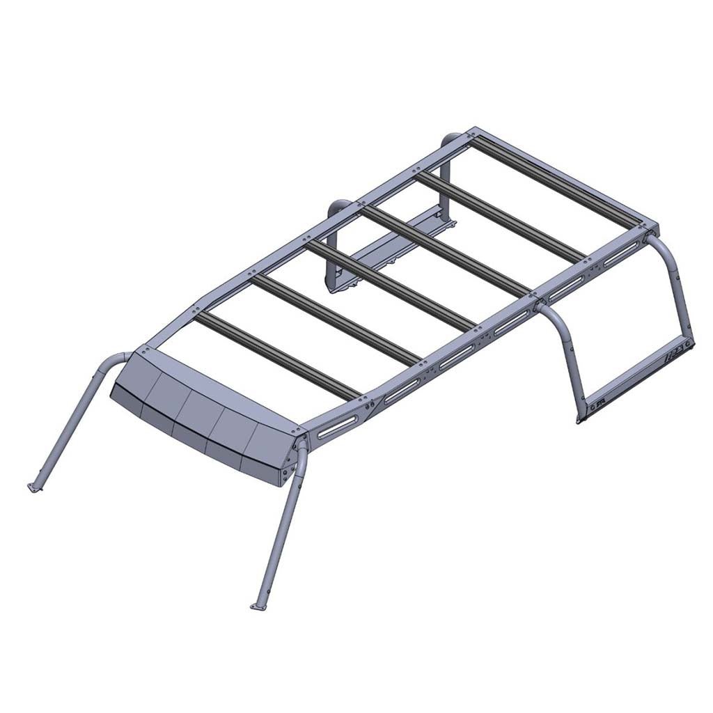 RTR Roof Rack & Light Bar for 21+ Bronco, 22+ Bronco Raptor: Metal frame with bars, designed for adventure. Gusseted steel light bar, integrated t-slot crossbars for rooftop gear.