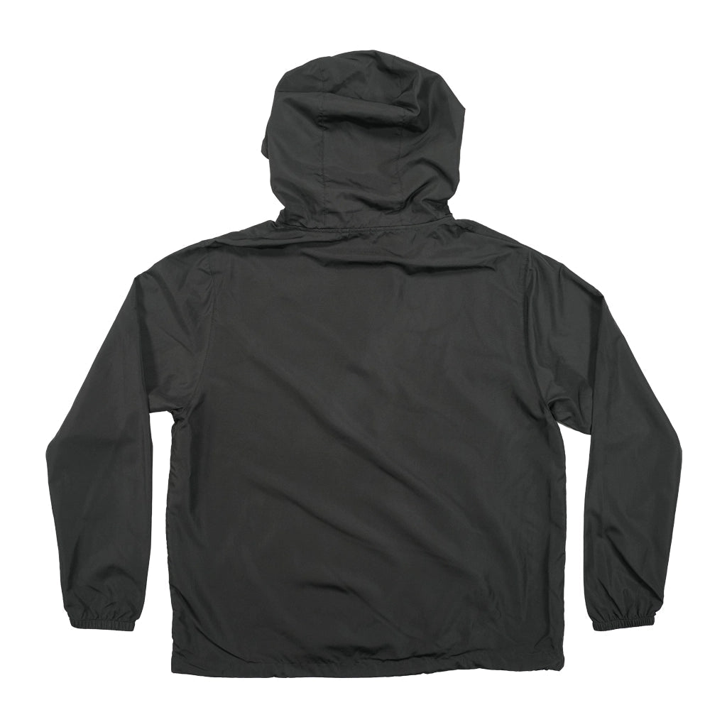 Black RTR Core Anorak windbreaker with hood, back flat lay view