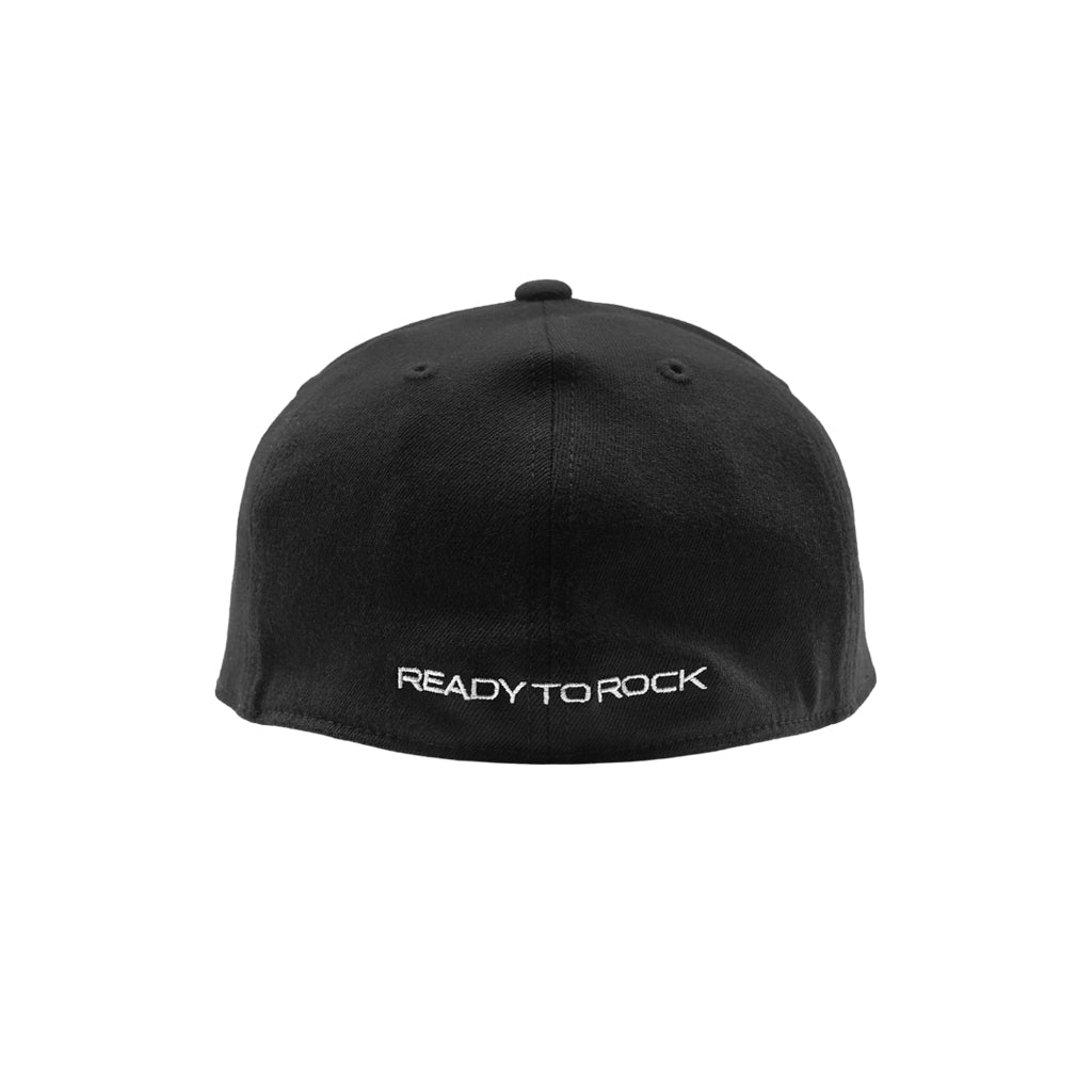 Back view of the black RTR Core Flexfit Hat with "Ready To Rock" embroidered in White.